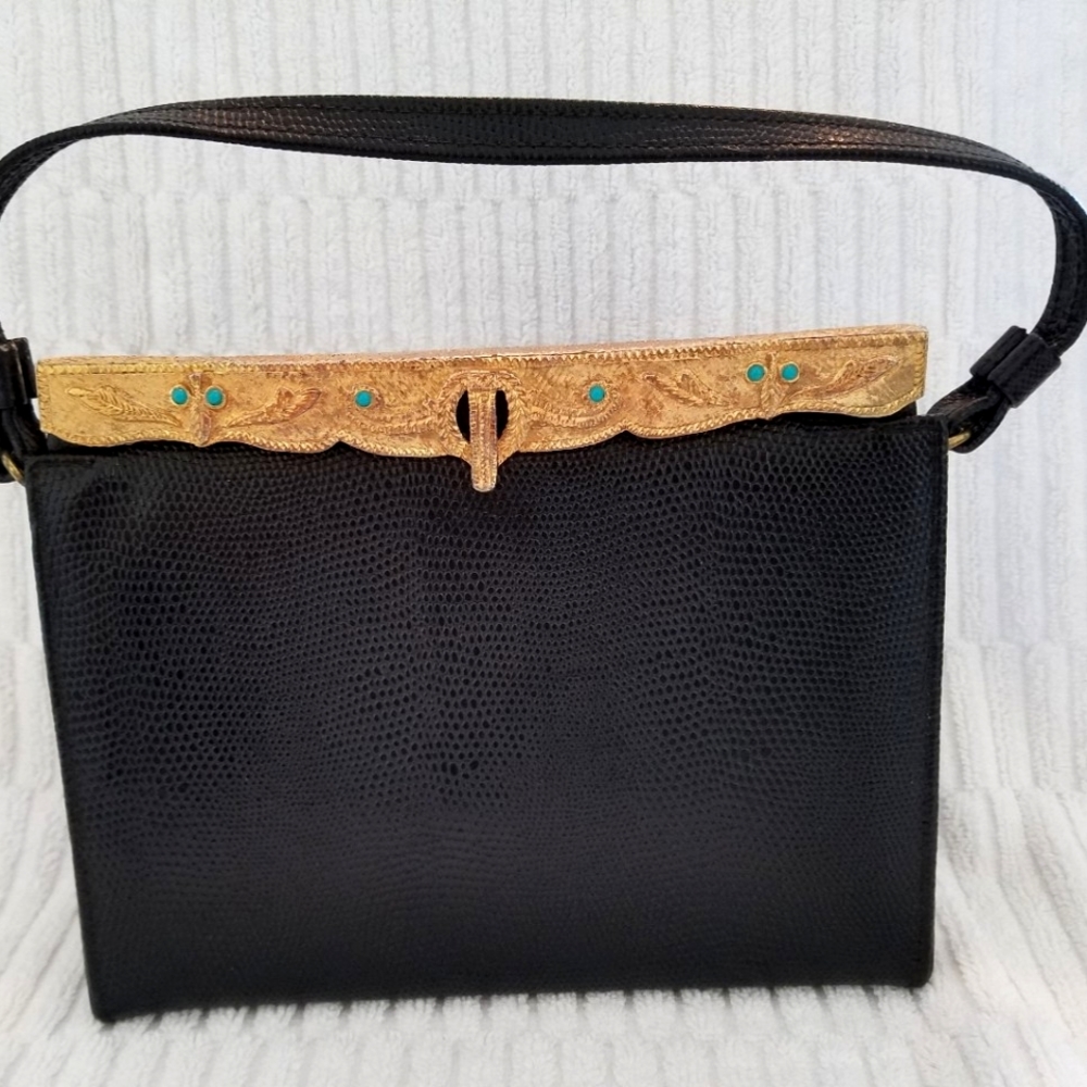 Vintage lizard print leather embellished handbag